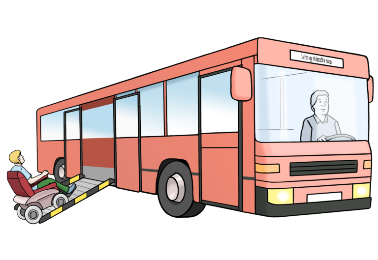 Illustration von einem rote Bus in den ein Rollstuhlfahrer hineinfährt