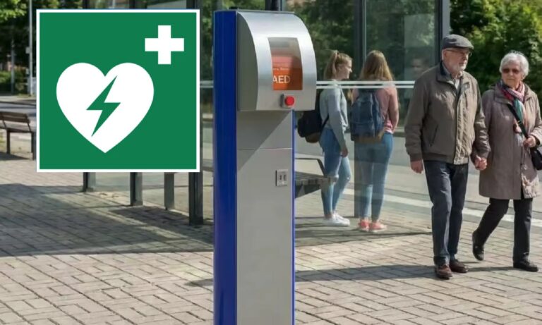 Defibrillator an ehemaliger RegioRad-Stele; Foto: Stuttgart-Solar e.V.